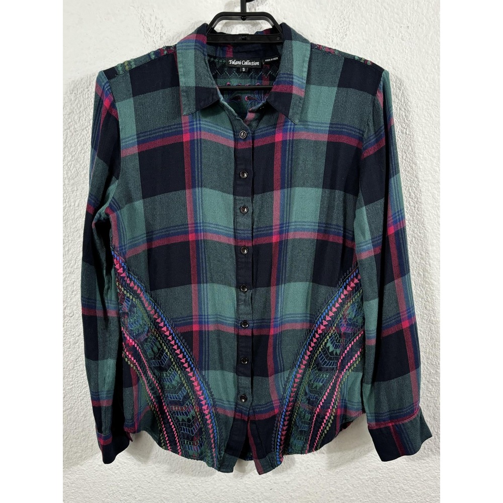 Tolani Collection Shirt Womens‎ Small Green Plaid Embroidered Button Down Boho